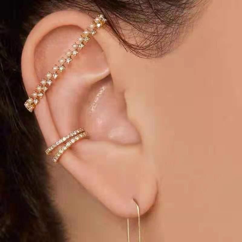 Japanische Und Koreanische Mode Ohne Durchbohrte Ohr Kontur Perle Strass Zweireihige Ohrring Klammer Internet-promi-mode Ohrringe