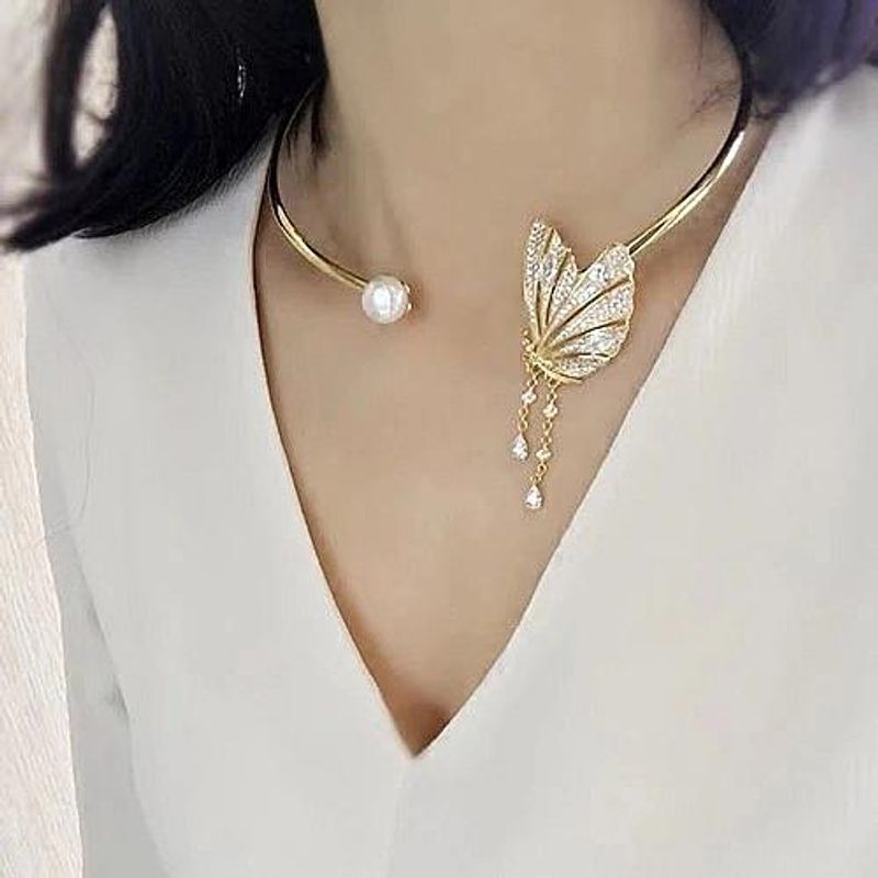 Schwerindustrie Schmetterling Quaste Offene Choker Halskette Asymmetrische Voll Diamant Quaste Ohrringe Frauen