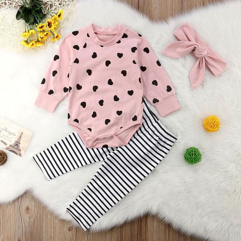 Baby Long Sleeve Love Print Harness Stripe Trousers Hairband Set Pink Three-piece Kids