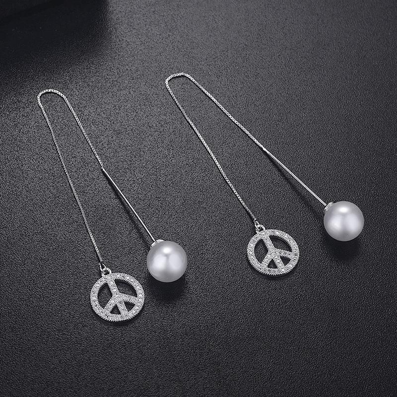 Aretes De Perlas De Borla De Circonita Micro-incrustadas Largas Con Línea De Oreja De Moda Coreana