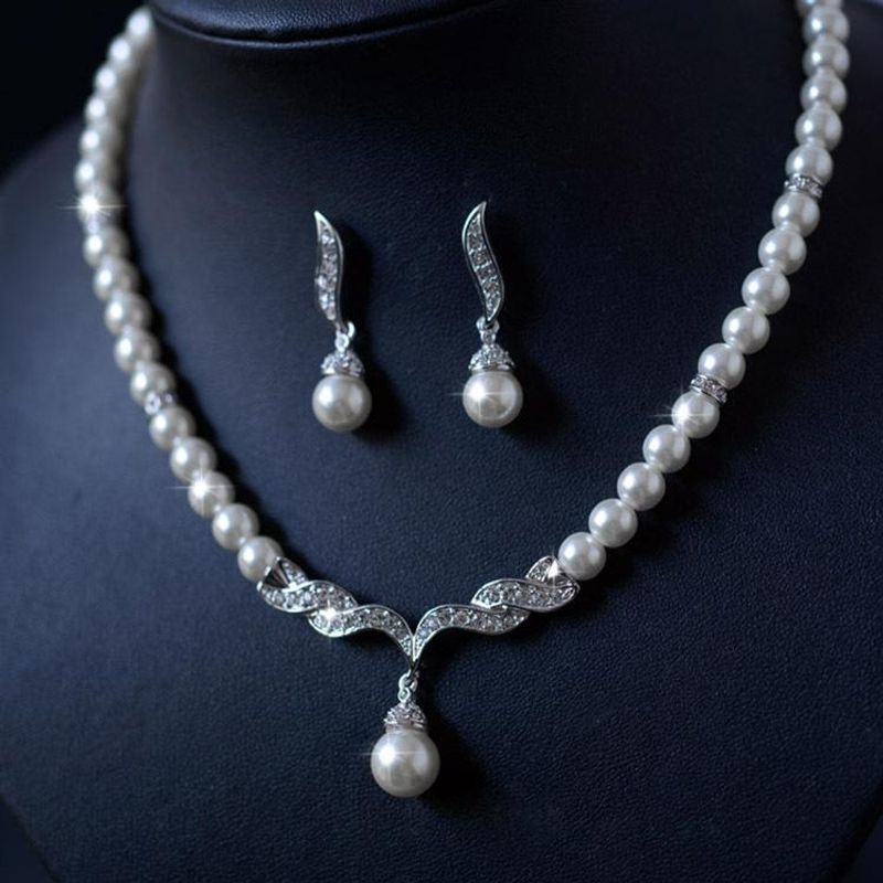 Pearl Set Korean Elegant Diamond Necklace Earrings Beautiful Bridal Jewelry Wholesale