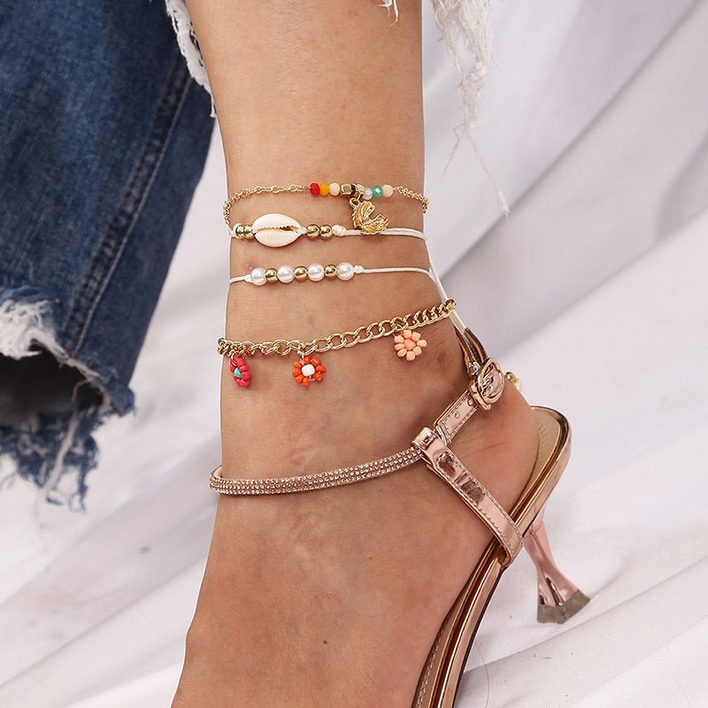 Bohemian Hand-woven Rice Beads Anklet Shell Pearl Foot Accessories