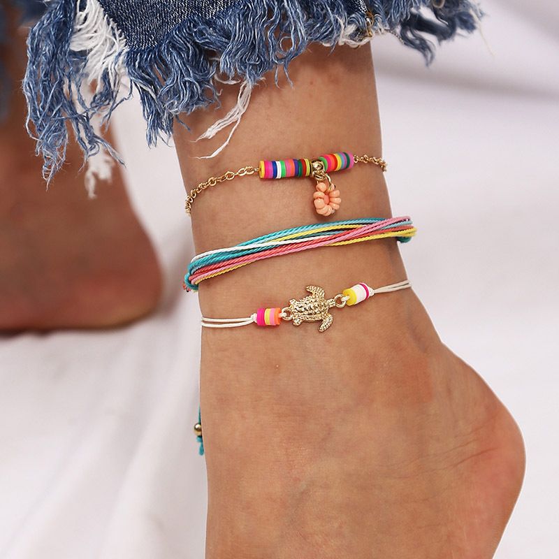 Beach Style Woven Handmade Rice Beads Tortoise Three Soft Clay Suit Anklets