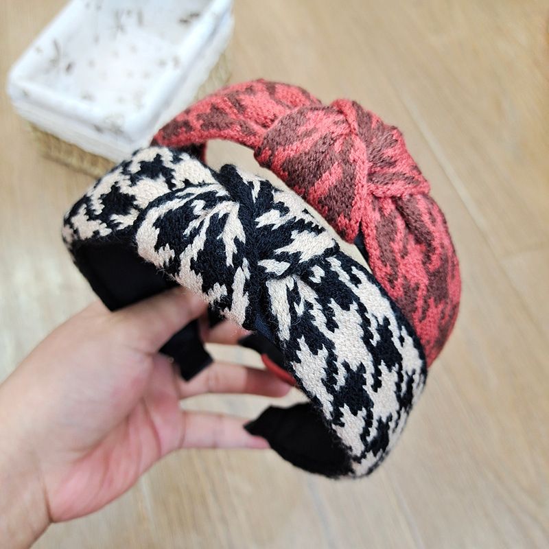 Korean New Knitted Knotted Retro Houndstooth Wool Checkered Simple Headband