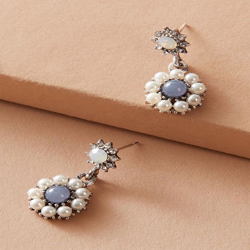 Baroque Retro Palace Style Geometric Diamond Pearl Sun Flower Earrings