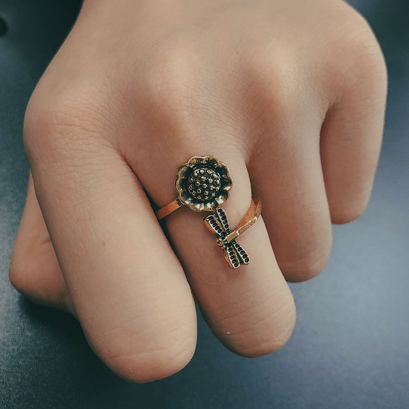 New  Retro Dragonfly Sunflower  Flower Insect Open Index Finger Ring