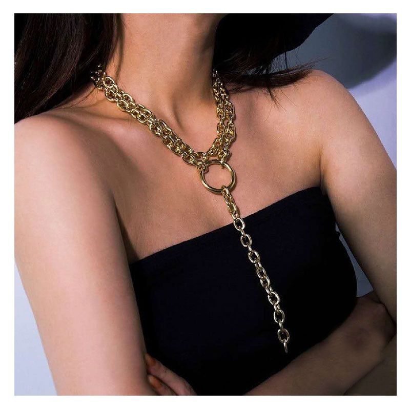 Fashion Gold Thick Chain With Ring Pendant Multi-layer All-match Necklace