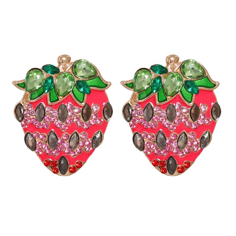 Pendientes De Botón De Diamante Engrasados De Fresa Rosada De Fruta Coreana Dulce Creativa