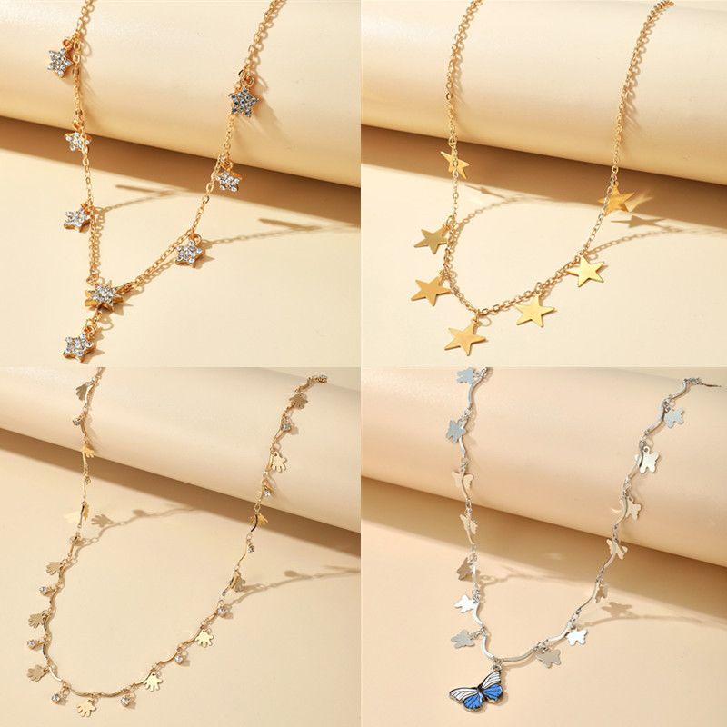 Korean Five-pointed Star Diamond Butterfly Pendant Single Layer Necklace