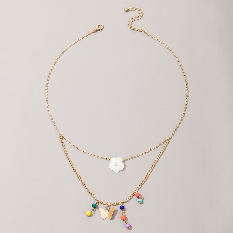 Beliebte Mode Bunte Reis Perlen Blume Schmetterling Mehrschichtige Halskette