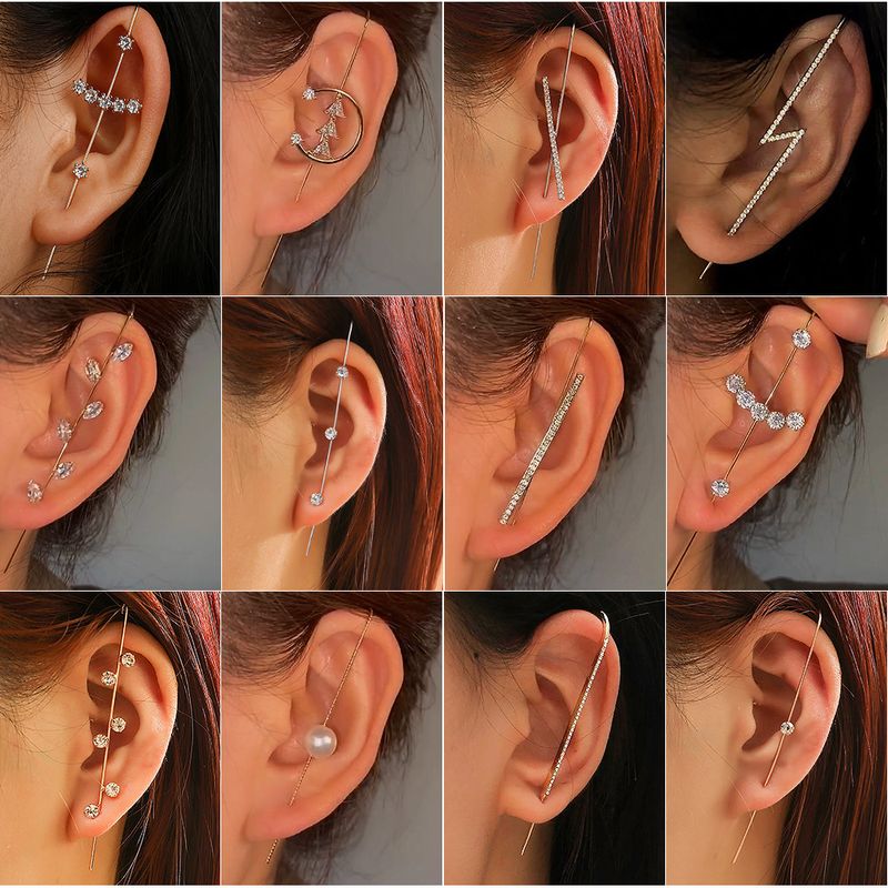 Embedded Diamond Simple Piercing Ear Needles Lightning Leaf Diagonal Stud Earrings