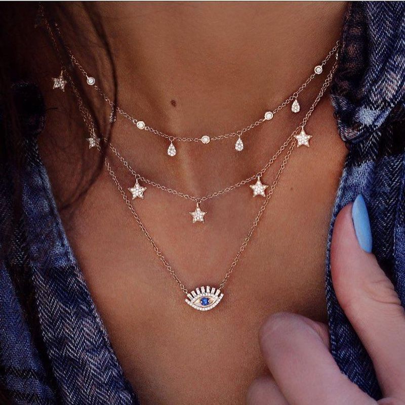 Fashion Women's Full Diamond Five-pointed Star Eye Pendant Multilayer Necklace