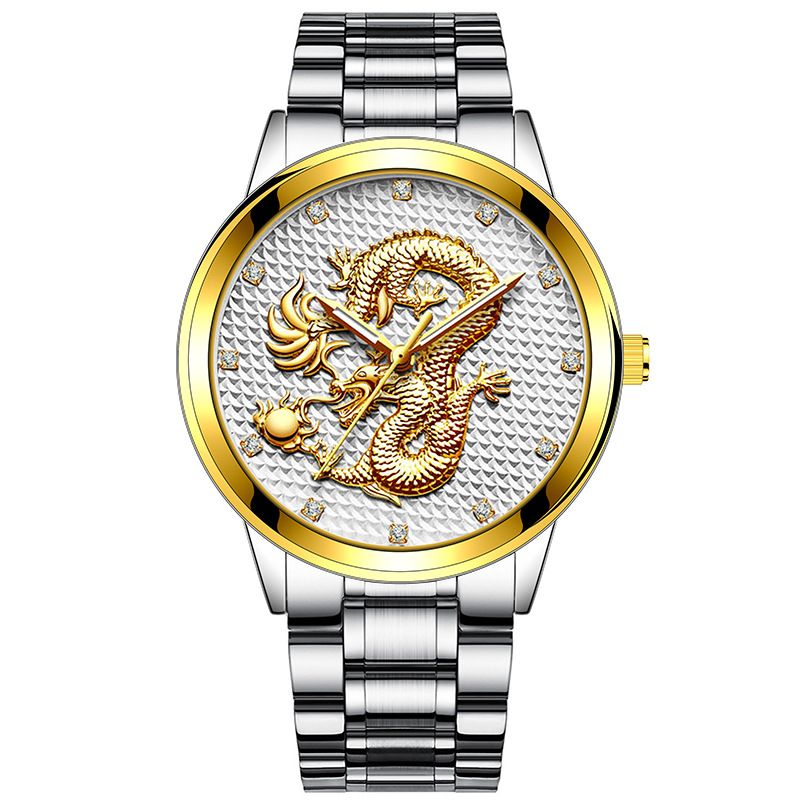 Reloj De Negocios Para Hombre Golden Dragon En Relieve Dorado