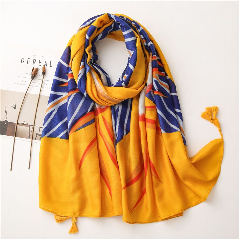 Abstract Cotton  Linen Scarf  Korean Bright Yellow Leaves  Long Sunscreen Shawl