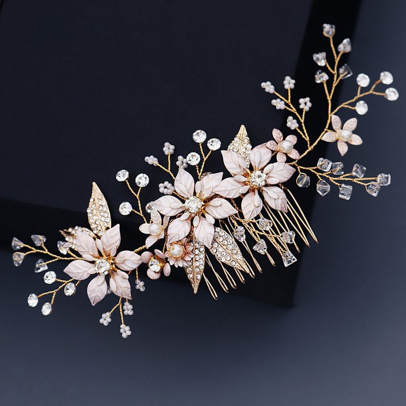 Korean Wedding  Bridal  Flower Pearl Insert  Handmade Crystal  Plate Hair Comb