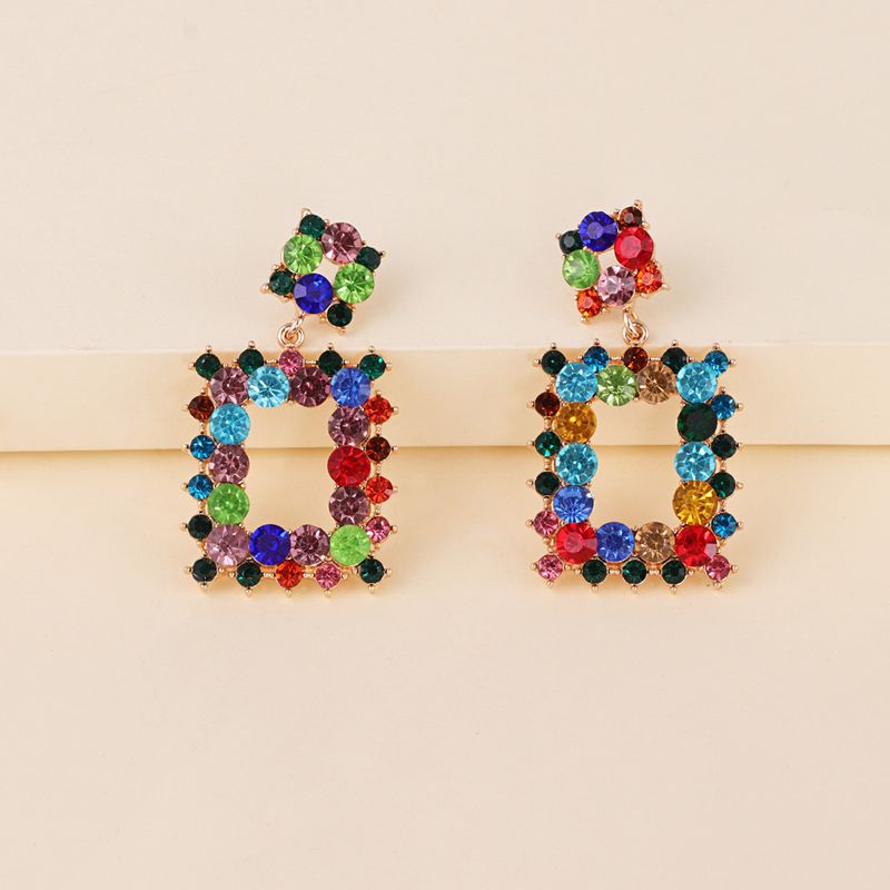 Women's Fashion Geometric Alloy Earrings With Colorful Rhinestone