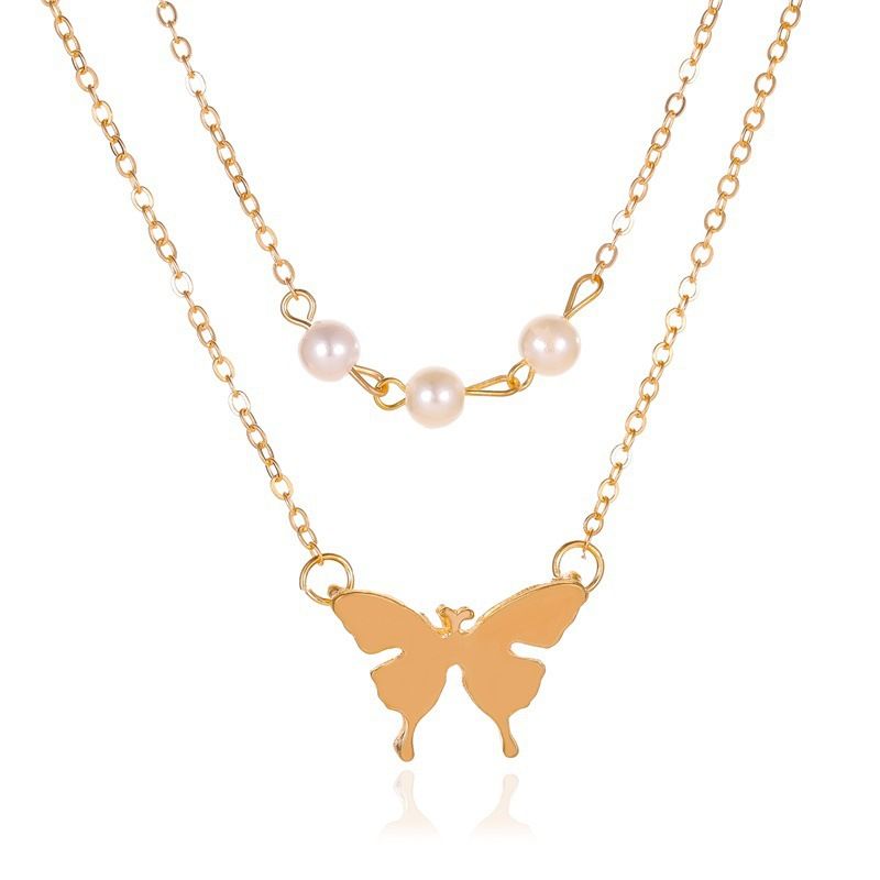 New Pearl Double-layer Simple Butterfly Pendant Long Necklace