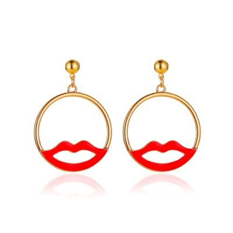 Exaggerated Hollow Red Lips Creative Simple Geometric Round Earrings