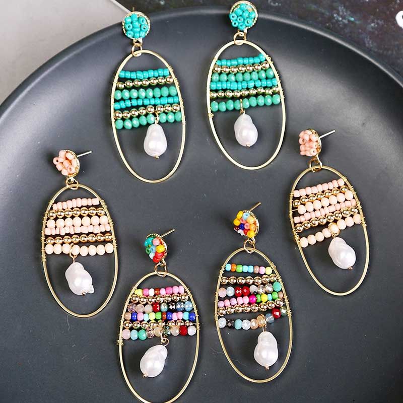 Korean Bohemian Hand Woven Geometric Rice Bead Creative Oval Earrings