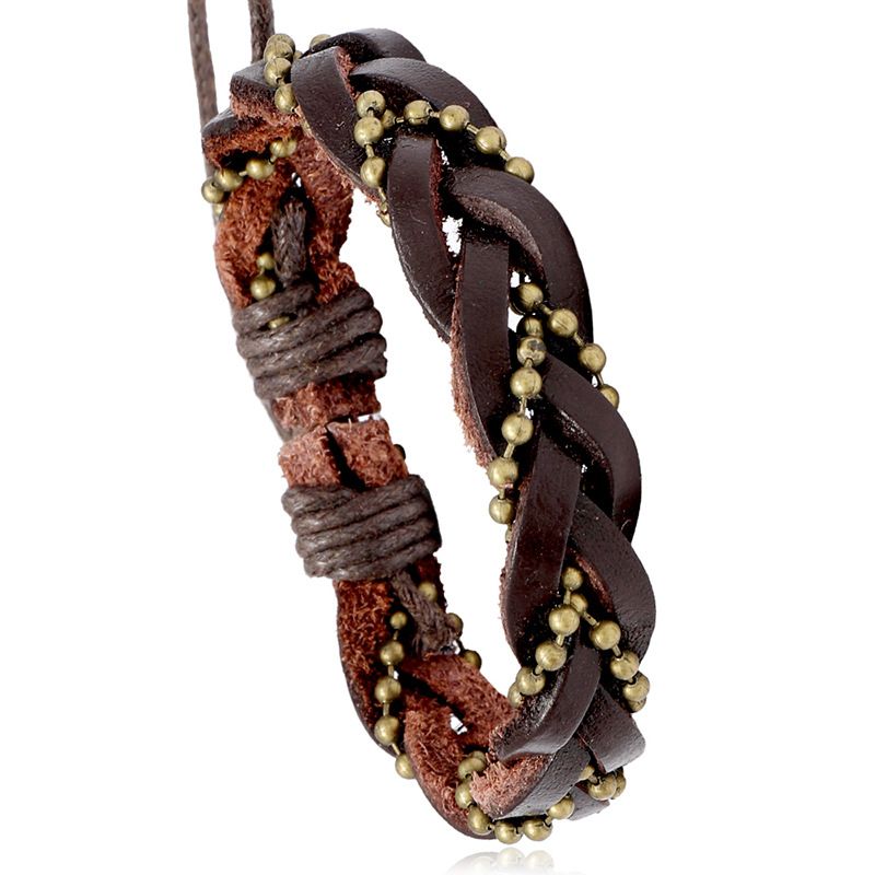 Retro  Woven Bead Chain Cowhide Bracelet