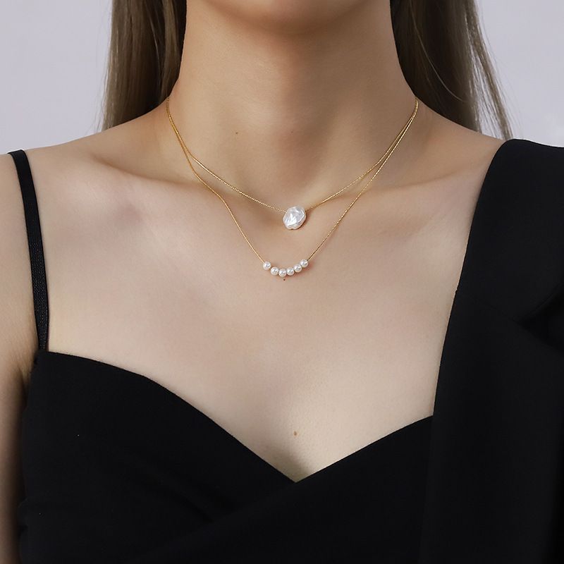 Conjunto De Collar De Acero Titanio Con Perlas Barrocas De Imitación De Lujo Ligero