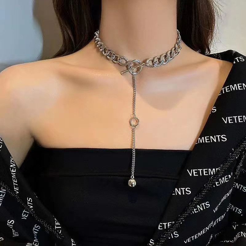 Metal Thick Chain Ot Buckle Tassel Exaggerated Collar Necklace