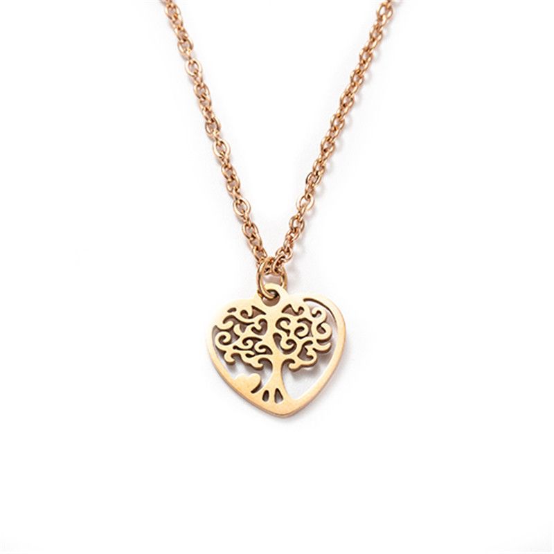 Titanium Steel Full Polished Laser Cut Peach Heart Tree Of Life Necklace