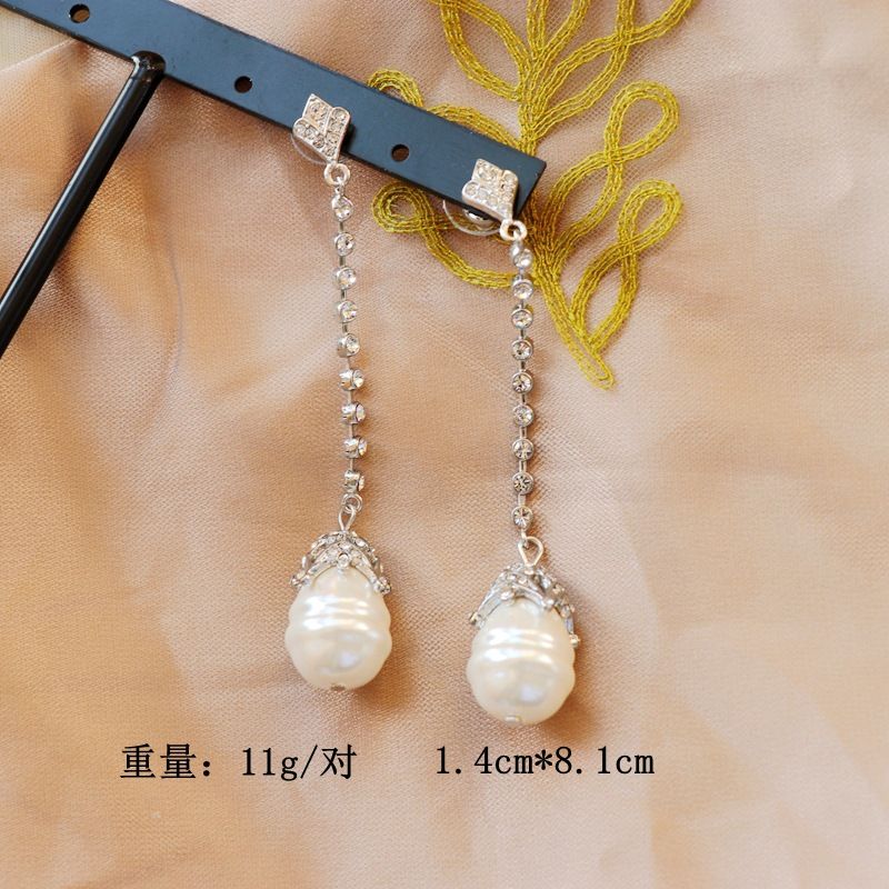 Large Pearl   Retro Shaped Pearl White Diamond Tassel Earrings