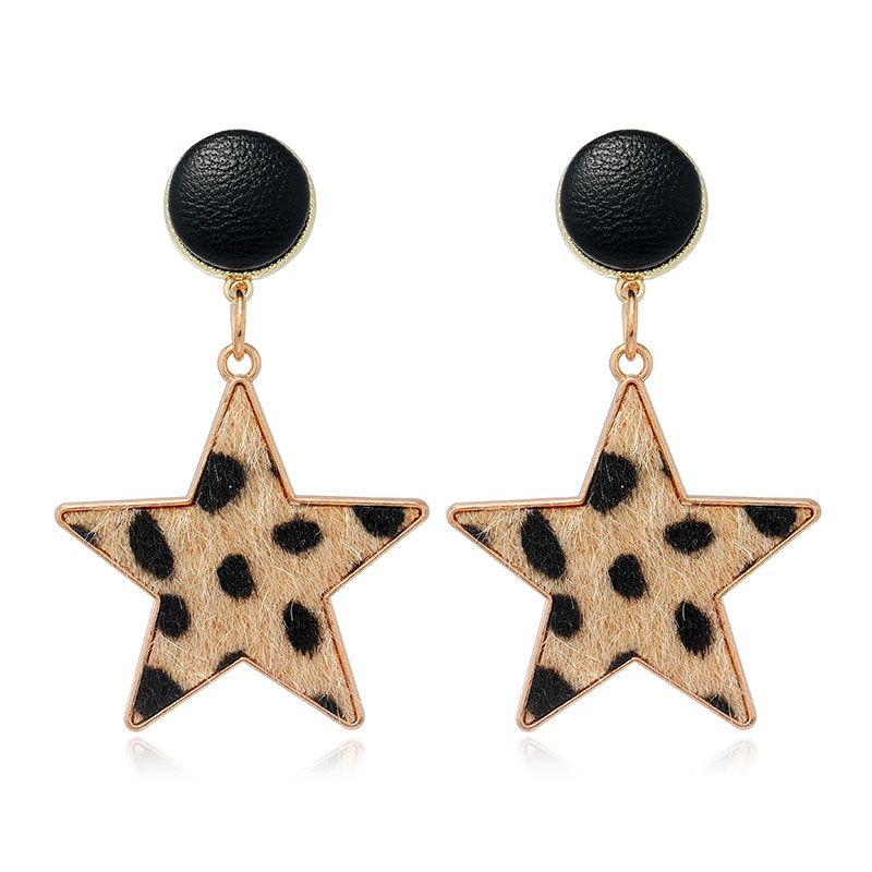 Fashion Metal Five-pointed Star Leopard Pattern Earrings