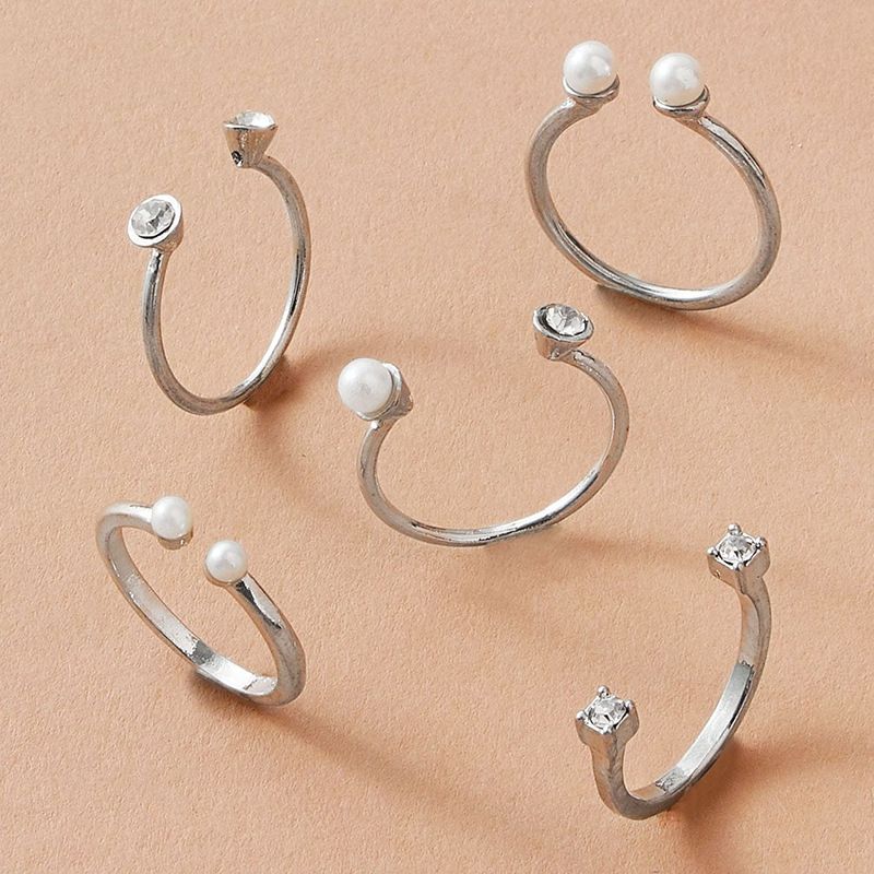 Simple Pearl Diamond Opening Adjustable Ring 5-piece Set