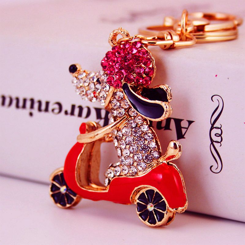 Kuxi Ornament Rhinestone Cartoon Cycling Puppy Car Key Ring Women's Bag Accessories Animal Metal Pendant