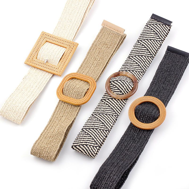 New Pp Straw Woven  Round Buckles Fashion Casual Decoration All-match Trousers Elastic Belt