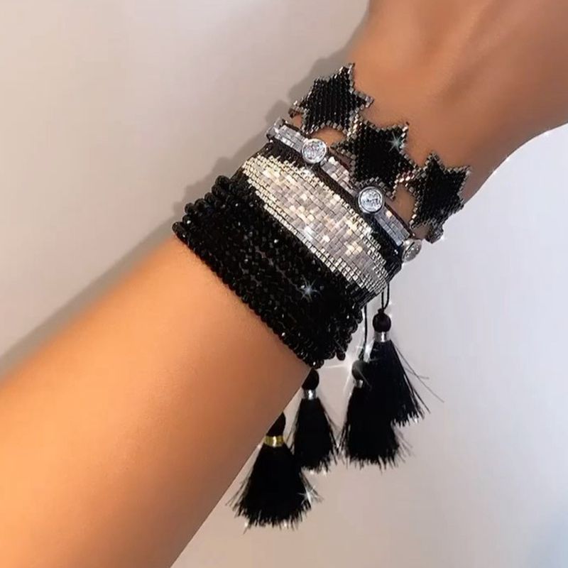 Bracelet Étoile À Six Branches Tissé À La Main Avec Diamants De Style Punk Noir