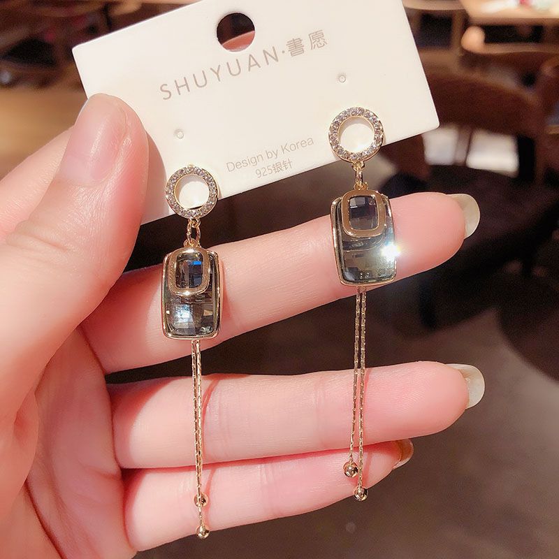 925 Silver Needle Korea  Geometric Square Tassel Earrings