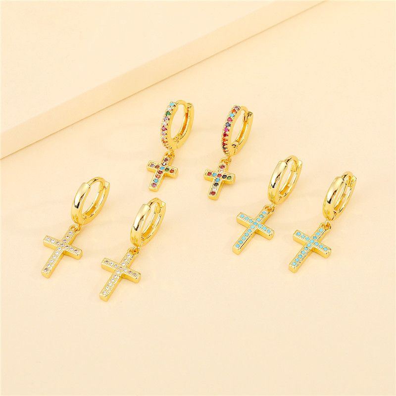Korean Retro  Colored Diamond Cross Earrings