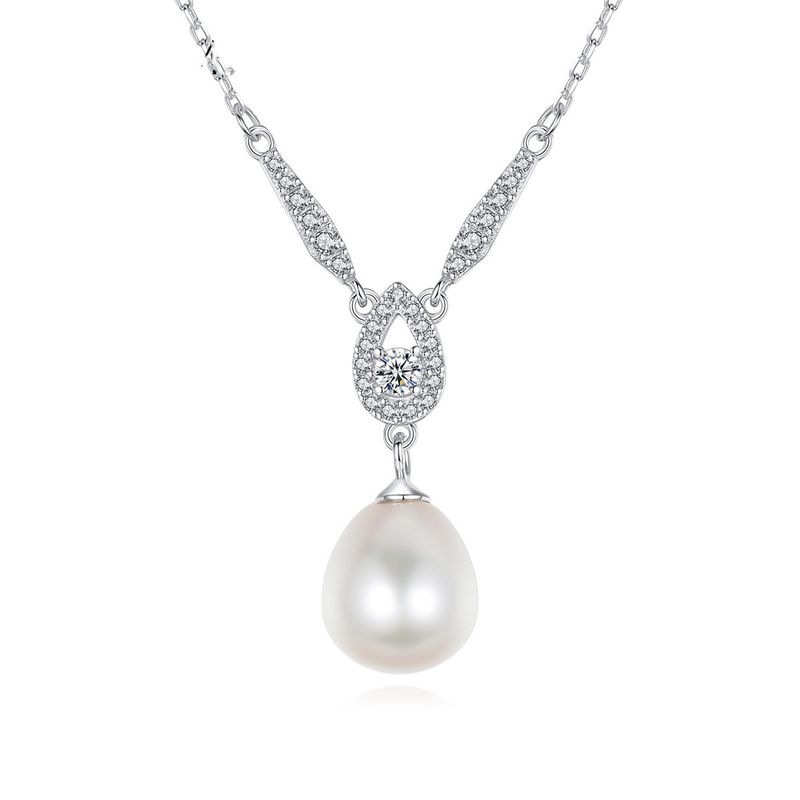 S925 Sterling Silver Pearl Exquisite Micro-inlaid Water Drop Pendant Necklace