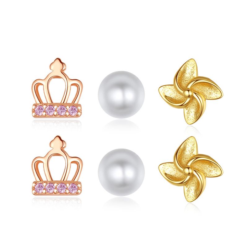 S925 Sterling Silver  Fashion Crown Flower  Pearl Earrings