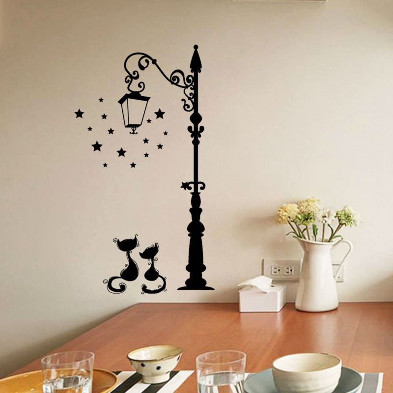 Black Cats Under Street Lights Removable Pvc Wall Stickers