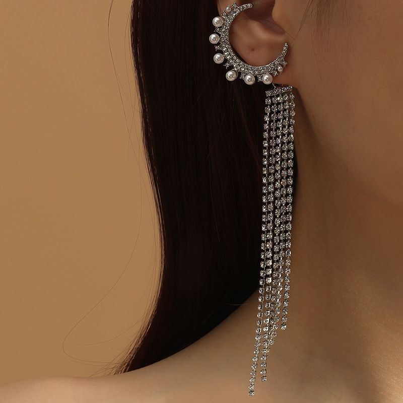 Exaggerated Long Tassel  Korean  New Thinner Full Diamond Moon Pearl Earrings