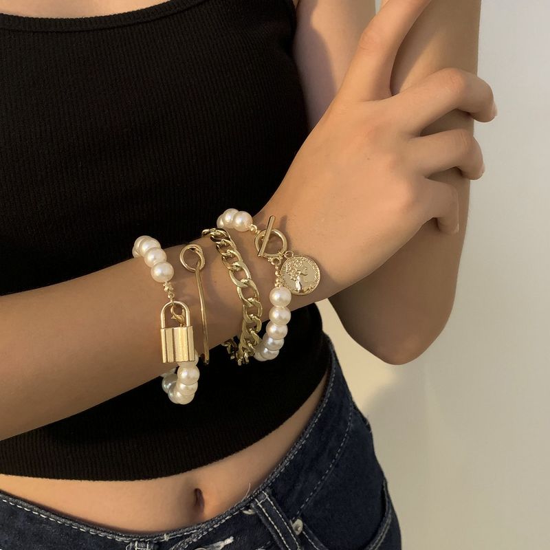 Fashion Trendy Multi-layer Ot Buckle Lock  Simple Pearl  Alloy Bracelet