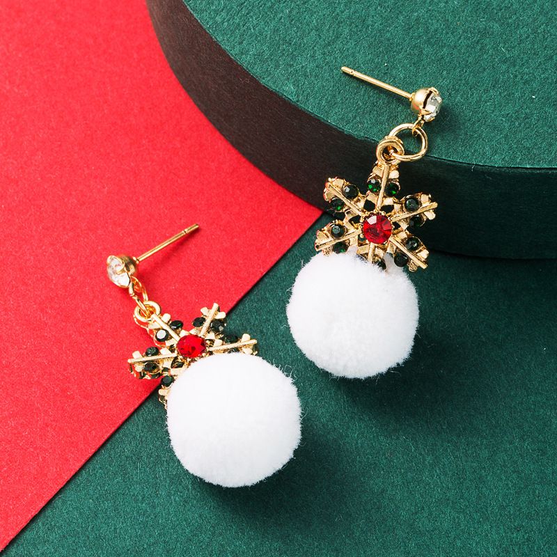 Christmas Series White Hair Ball Alloy Diamond Color Snowflake Earrings