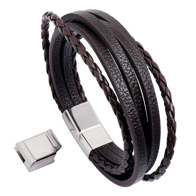 Pulsera De Cuero Para Hombre De Acero Inoxidable Tejido Multicapa Retro