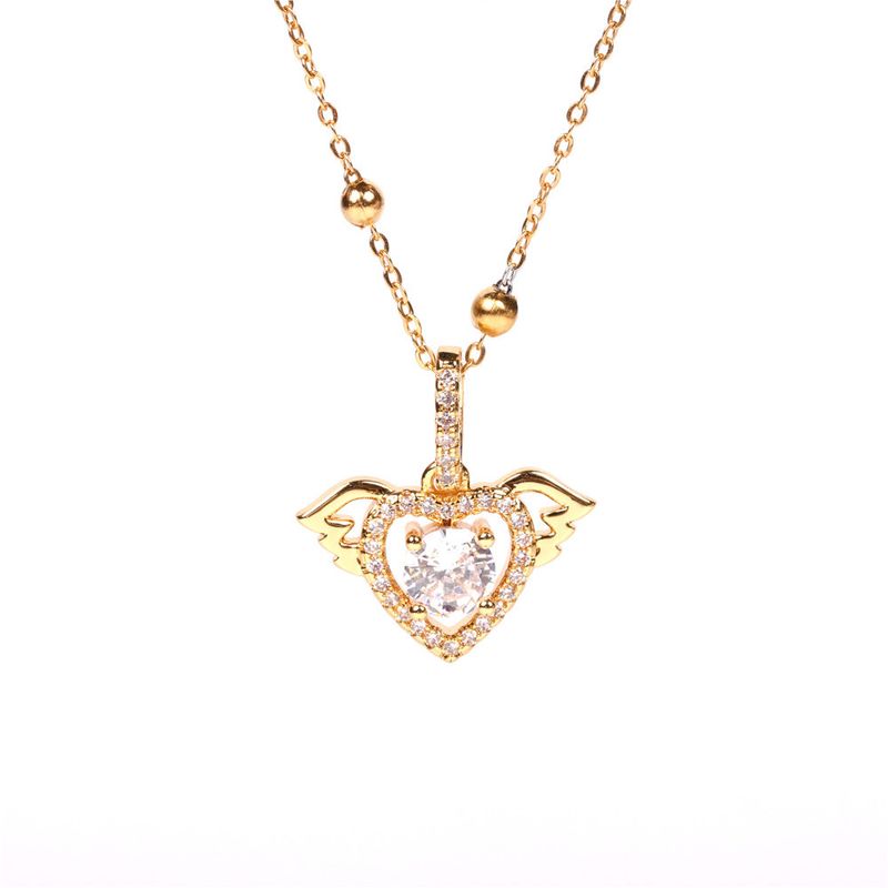 New Micro-inlaid Zircon  Heart Love Angel  Round Bead Stainless Steel Necklace