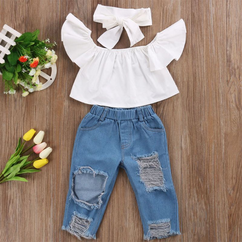 New Fashion Tops And Ripped Jeans Two-piece Wholesale