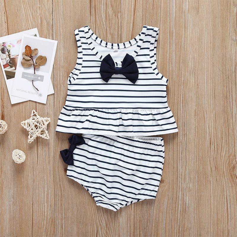 New Girls' Fashion Bowknot Striped Children's Two-piece Clothing Set
