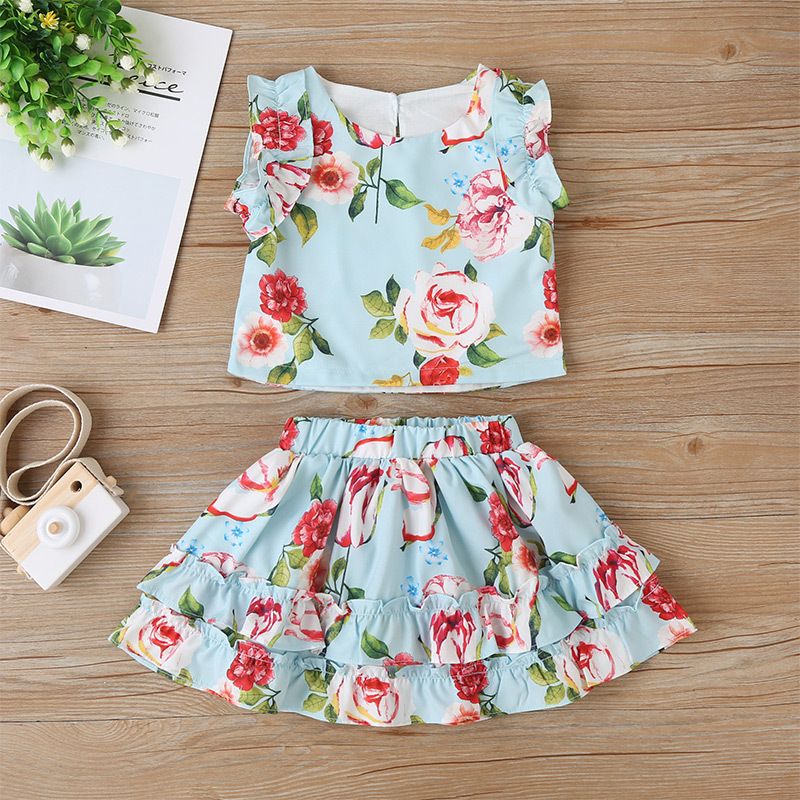 New  Print Clothing Suit Girls Sleeveless Vest Short Skirt Suit Two-piece