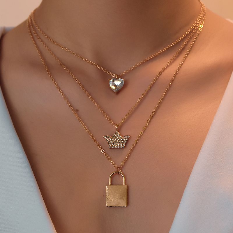 New Crystal Crown Lock Decoration Multilayer Necklace