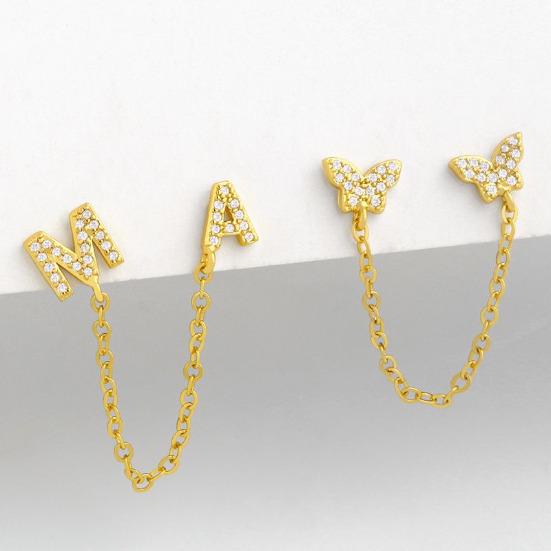 Creative Simple Chain Butterfly Letter Am Diamond Earrings