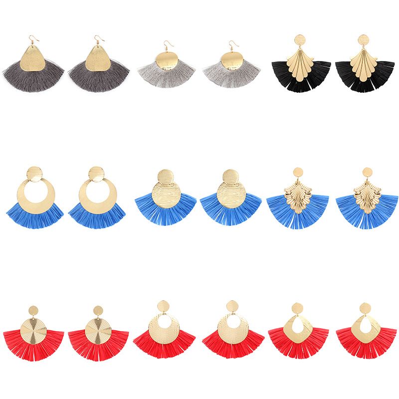 Retro Fan-shaped Raffia Ethnic Style Exaggerated Bohemian Tassel Earrings