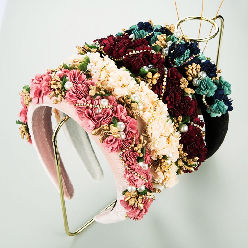 Autumn And Winter Fabric Lace Flower Bridal Pearl Rhinestone Sponge Headband